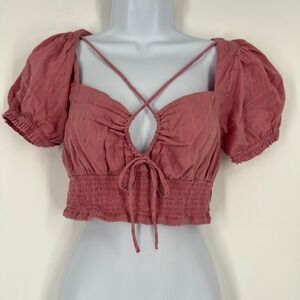 Aeropostale Womens Medium Dusty Rose Pink Smocked Milkmaid Puff Sleeve Crop Top
